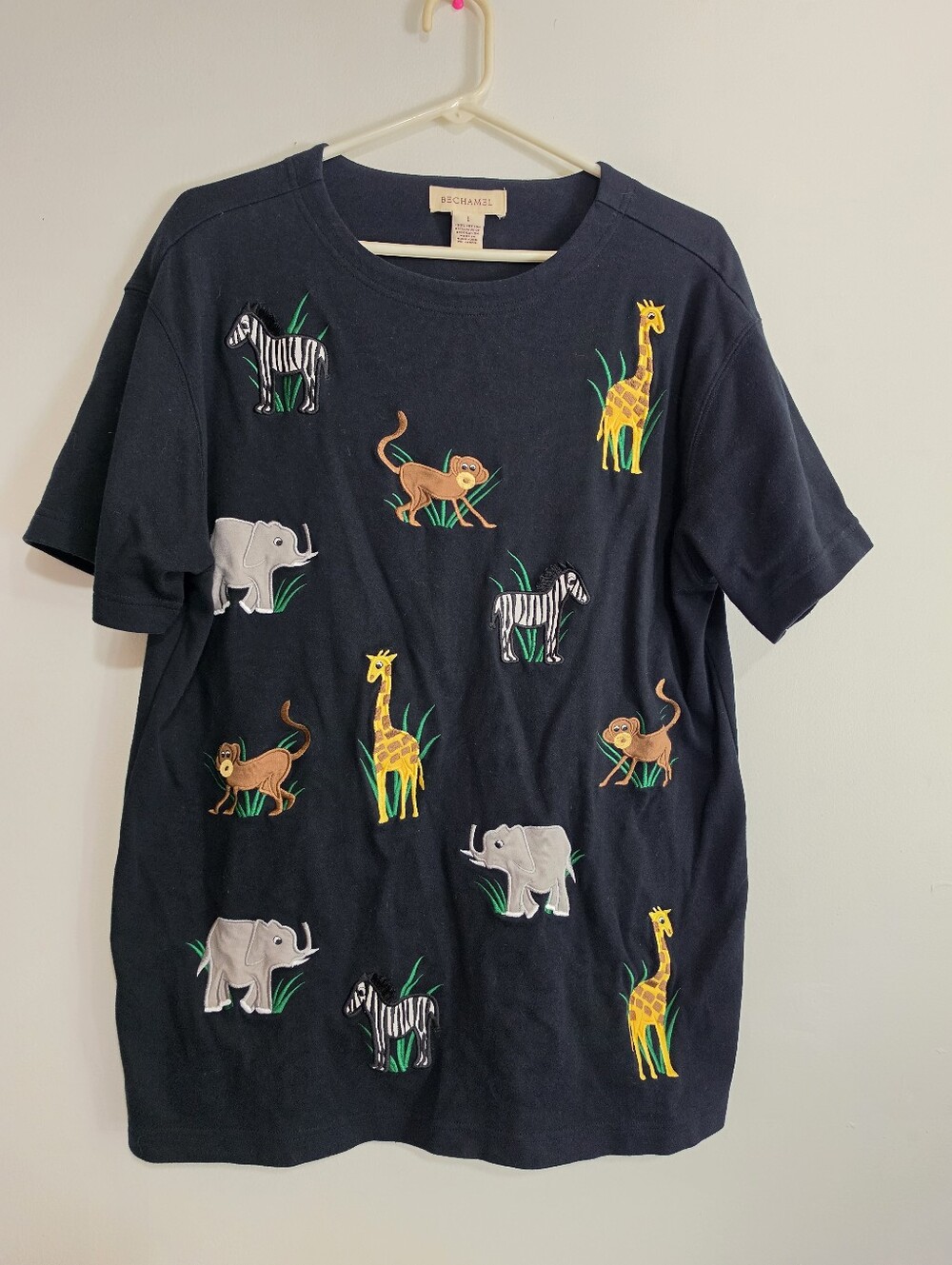 Vintage Bechamel Safari Animal Embroidered T Shirt Womens Large Black Cotton